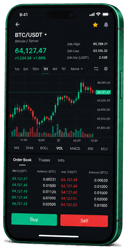 Vermeil Inveroire application mobile de trading — graphique BTC/USDT en temps réel, carnet d'ordres et interface d'achat/vente